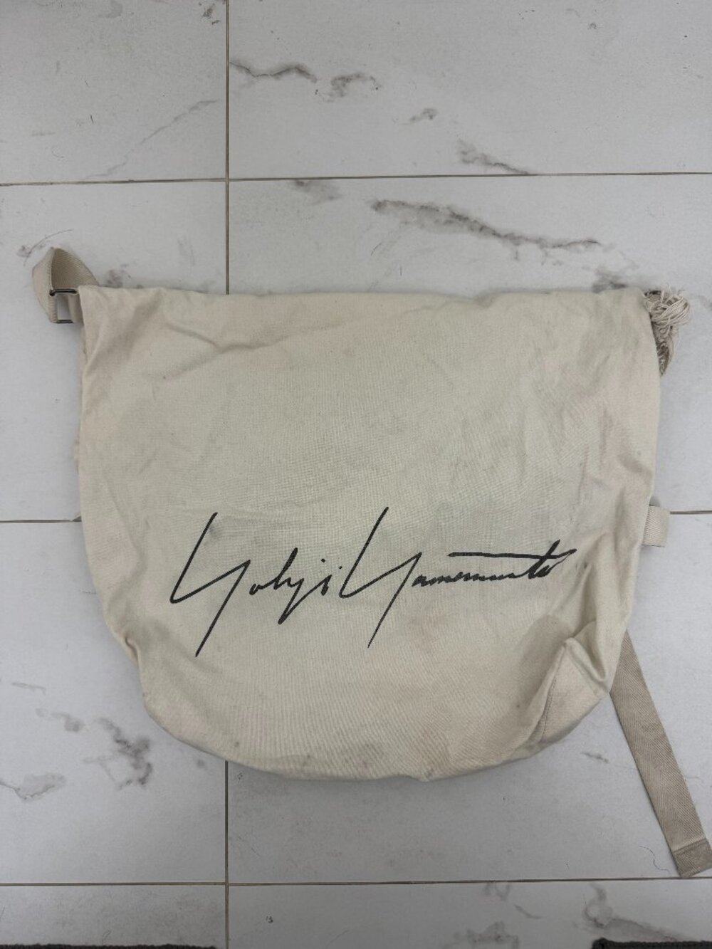 Yohji Yamamoto Signature Canvas Crossbody Bag Beige Fringe Detail